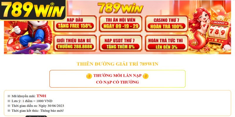 Ưu đãi thưởng nạp đầu 100% 789WIN giúp gia tăng tài chính cược